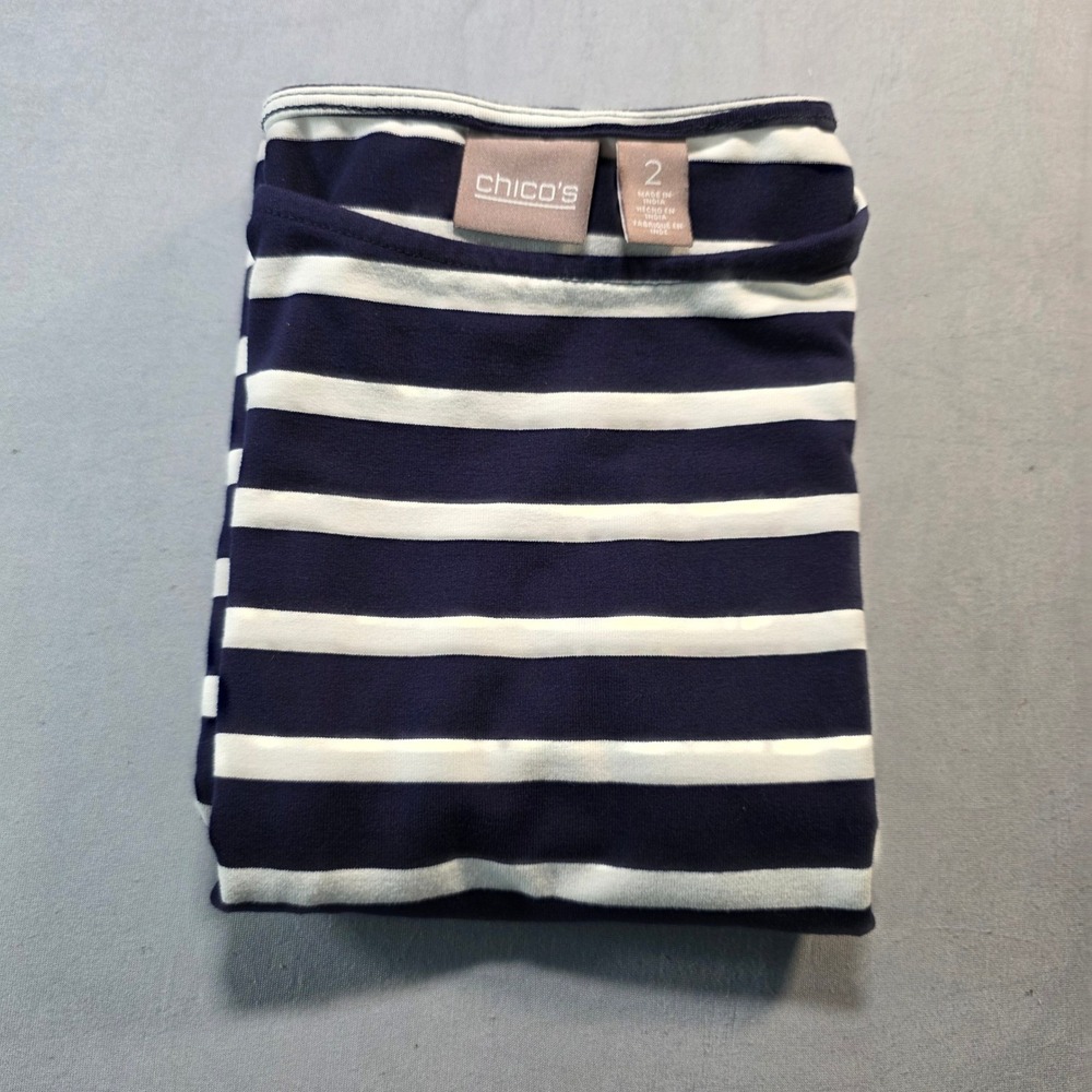 Chicos Navy White Striped Sleeveless Shift Dress SZ 2 (12/L) Boat Neck‎ Nautical